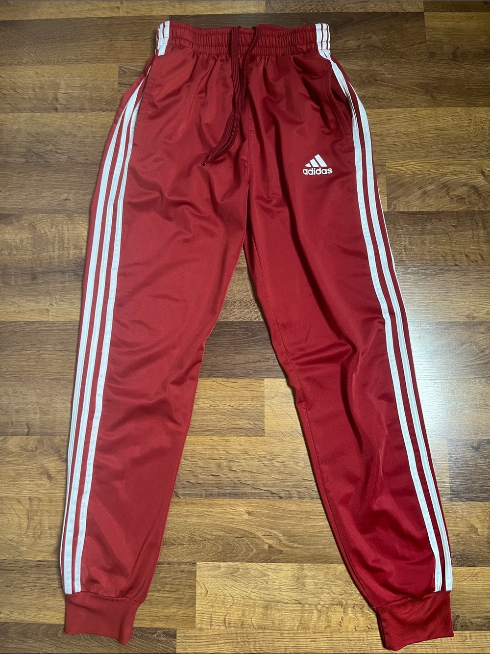 adidas Red Jogger Track Pants Pockets Drawstring White Three Stripes Youth Large